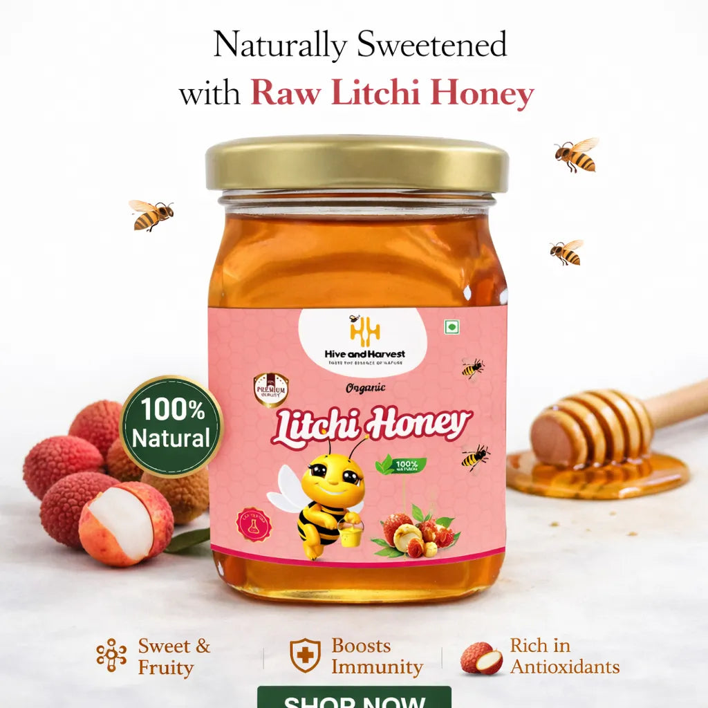 Hive & Harvest Organic Litchi Honey 250 GM | 100% Pure & Natural | Rich in Antioxidants | Natural Sugar Substitute