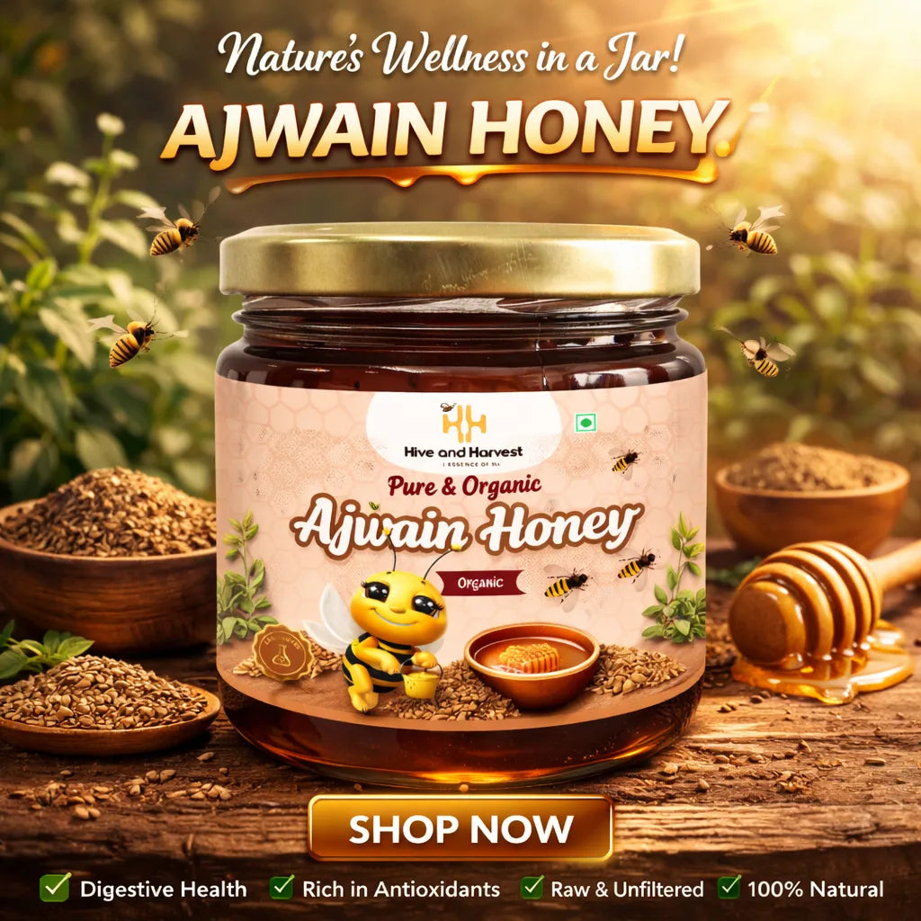 Hive & Harvest Organic Ajwain Honey  400 GM | 100% Pure & Natural | Rich in Antioxidants | Supports Digestion & Immunity