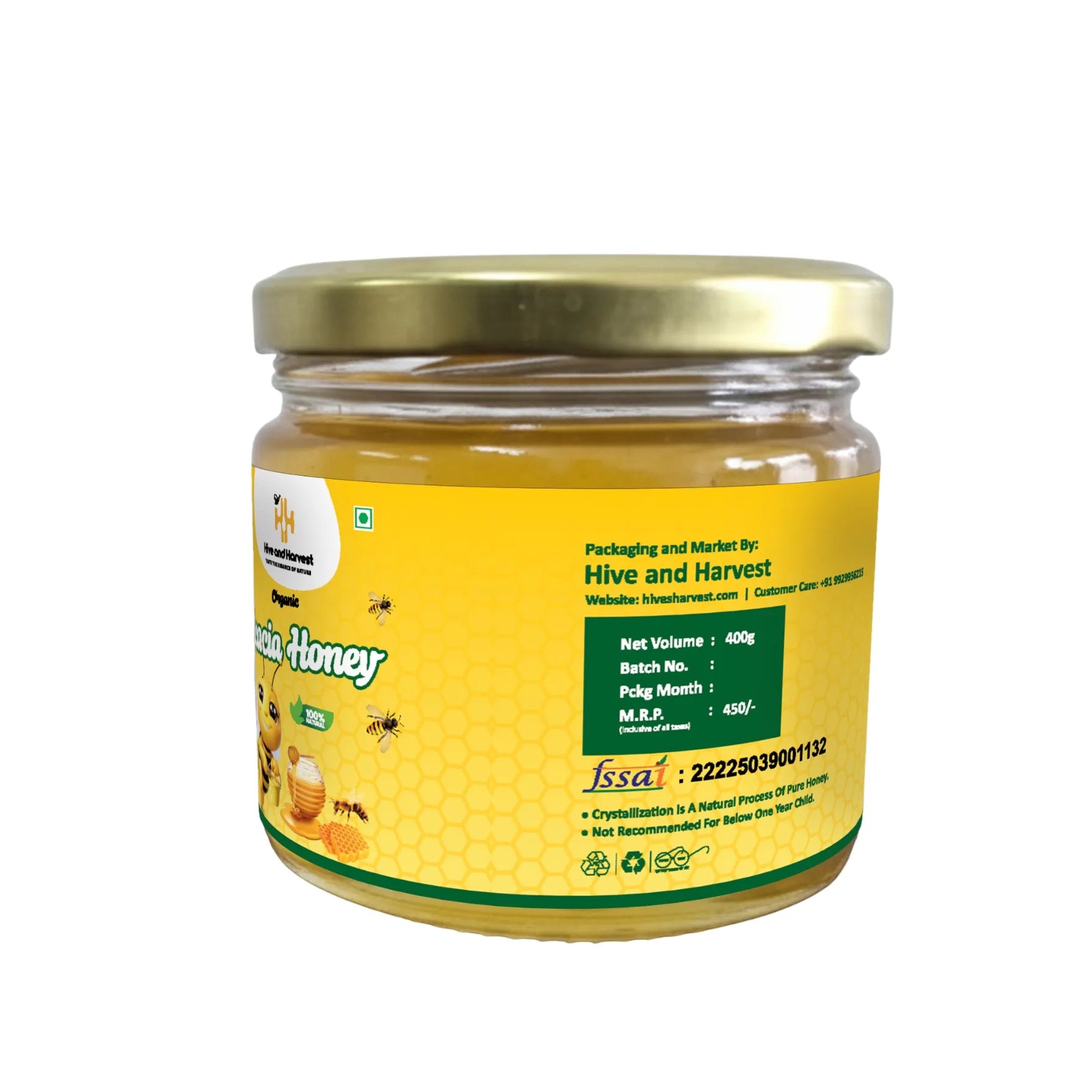 Hive & Harvest Organic Acacia Honey 400 GM| 100% Pure & Natural | No Added Sugar | Light Colour & Mild Taste